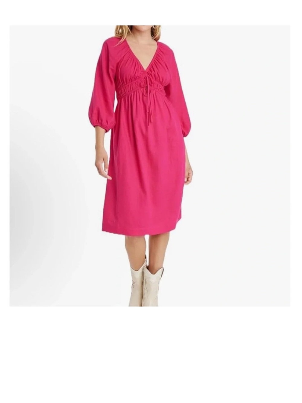 Universal Thread - Fuchsia V-Neck Midi Dress with Tie Waist and Balloon Sleeves